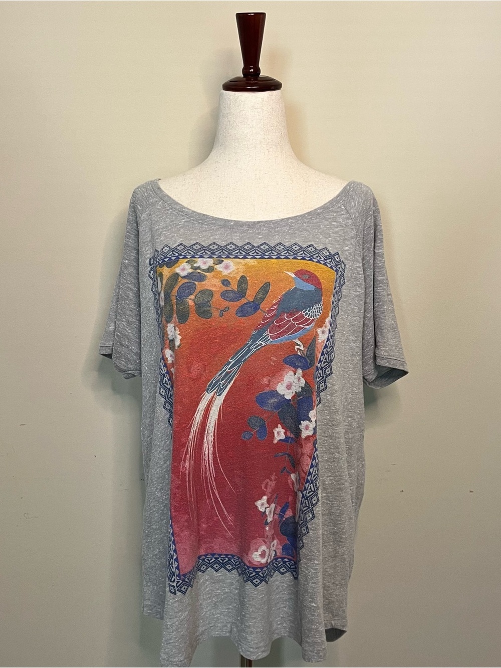 Lucky Brand Grey Tee with Colorful Bird Panel